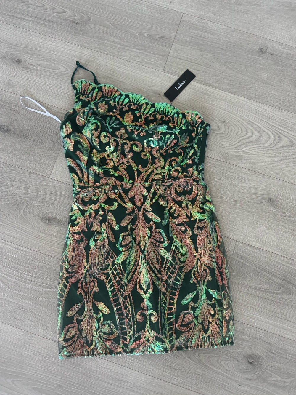 Lulu's Mesmerizing Shine Green Sequin One-Shoulder Party Dress Medium - Picture 4 of 16